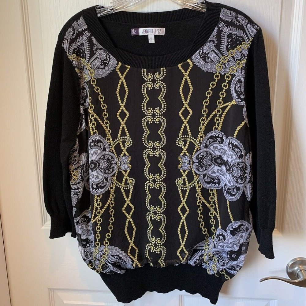 Jennifer Lopez Black Sweater W/Scarf Overlay, Size M, 3/4 Sleeve. EUC (V)